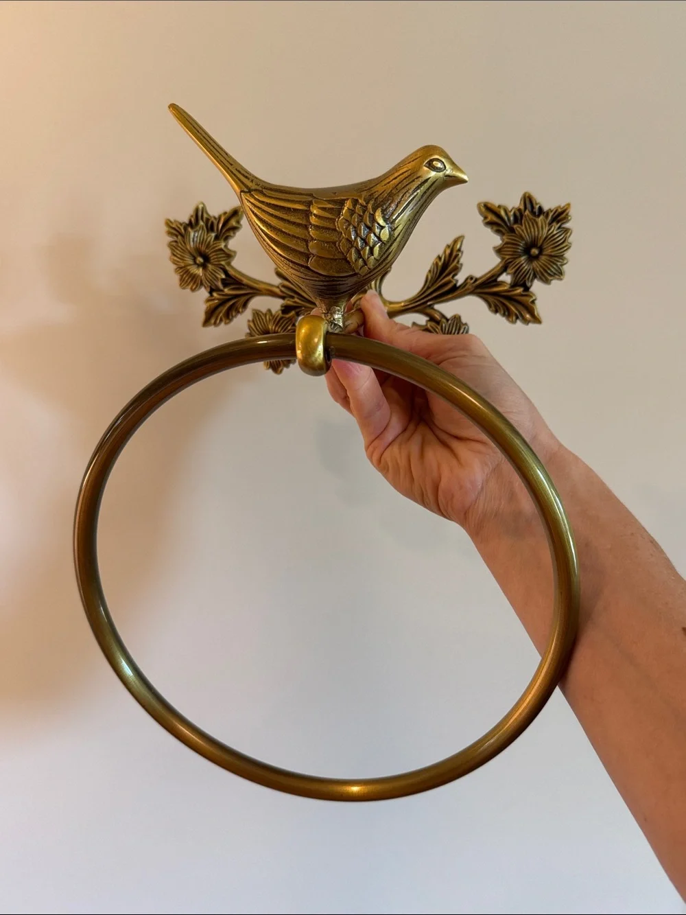 Brass Bird Towel Ring - Floral Wall Accent